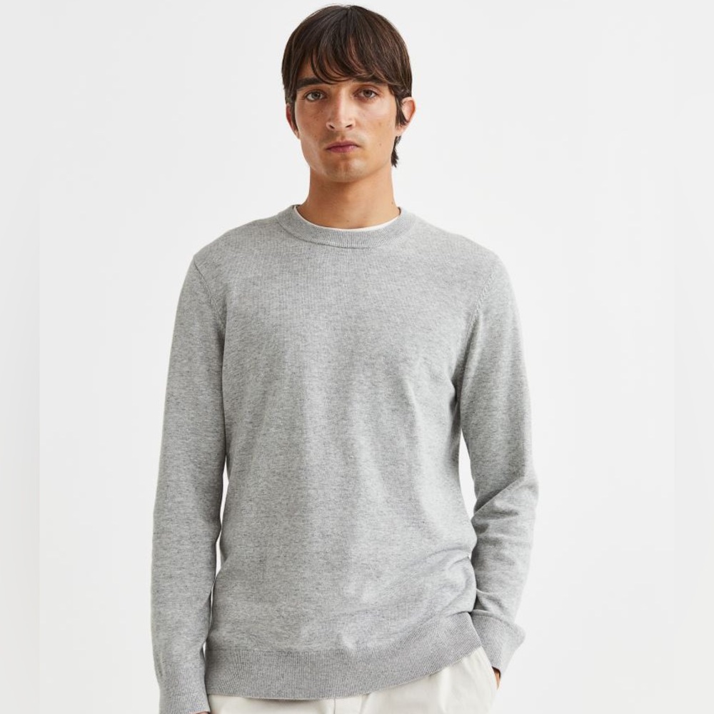 H&M Men’s Slim Fit Fine-knit Cotton Sweater, Light gray melange, Size XL